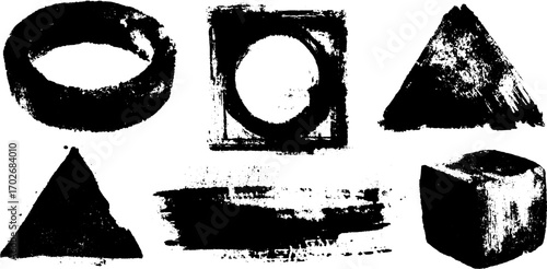 Avant garde geometric shapes in black ink silhouette for abstract design