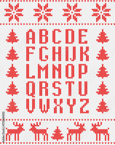 red alphabet on white knitted background. Decorative Christmas poster