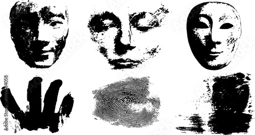 Avant garde mask silhouettes with black ink and abstract patterns for creative design