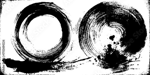 Black ink silhouette with brush stroke circles and textured background