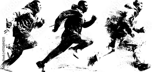 Dynamic silhouette of runners in black ink with grunge brush strokes for athletic design