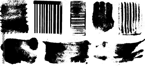 Black ink silhouette set featuring barcodes and stamps design elements