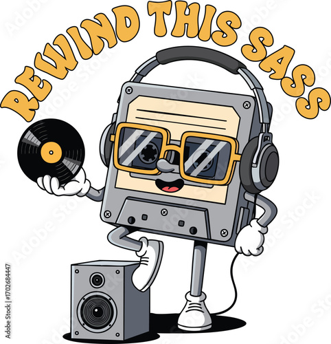 Funny Retro Cassette Tape Cartoon with Headphones Holding Vinyl – "Rewind This Sass" Vintage Music Pun Illustration for Posters, Stickers, and T-Shirts
