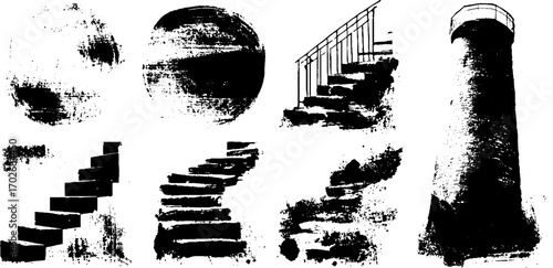 Grunge silhouette set featuring bauhaus circles and stairs for urban design