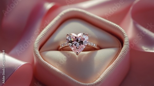Stunning heart-shaped engagement ring in soft pink satin box. Brilliant diamond sparkles

