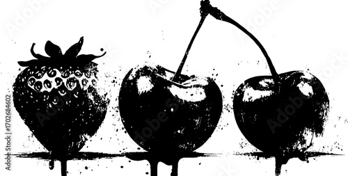 Black ink silhouette set of strawberry and cherries - artistic fruit illustration for creative design