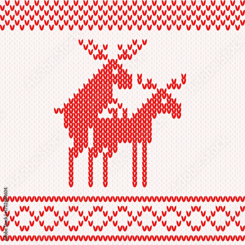 Knitted red and white Christmas background. Ugly christmas sweater Deer in love. Seamless pattern. Texture for fabric, wrapping, wallpaper. Decorative print.