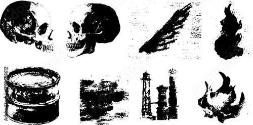 Black ink silhouette collection of biker emblems featuring skulls and industrial elements