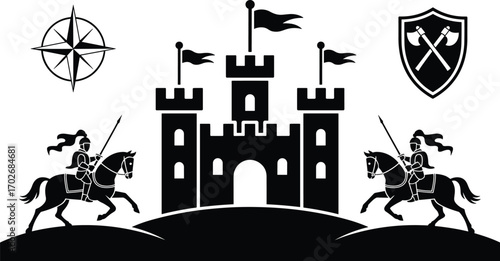 Medieval castle with knights on horseback, shield emblem, compass rose, black silhouette style, historical war battle scene vector