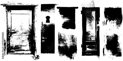 Black ink silhouette set of grunge doors with keyhole design