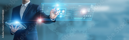 Businessman working with digital device with change management, organizational transformation, leadership strategy, adaptation planning, workflow improvement