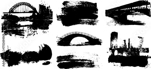 Black ink silhouette set of iconic bridge designs for urban art projects
