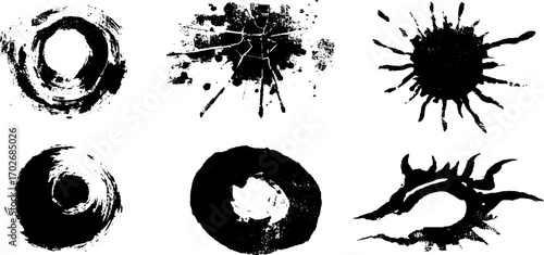 Abstract black ink silhouette set featuring broken glass shards and creative textures