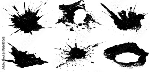 Abstract black ink silhouettes of broken glass shards for urban art and design