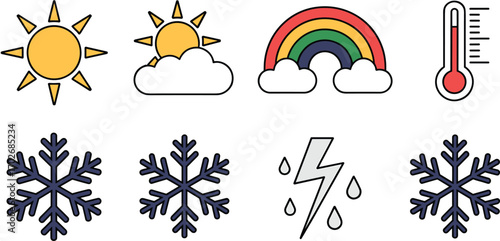 Weather icons set with sun, cloud, rainbow, snowflake, lightning, thermometer, temperature and storm elements in vector style