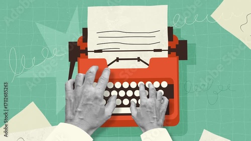 Stop-motion animation of hands typing on a vintage vector typewriter with moving paper and decorative elements, creating a nostalgic storytelling atmosphere. 4K