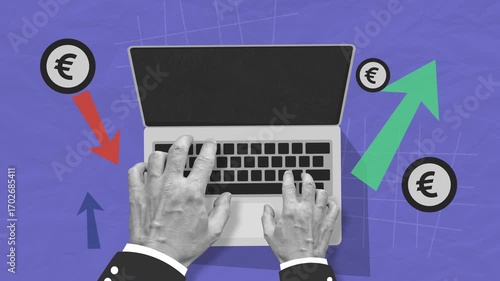 Animated collage of hands typing on a laptop with euro signs and arrows symbolizing financial growth, trading, and economic activity. Stop motion style with moving elements on a textured background.