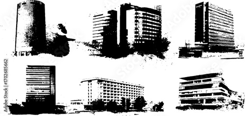 Black ink silhouette set of architectural blueprints featuring urban buildings