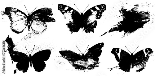 Black ink silhouette set of monarch butterflies with grunge texture for artistic design