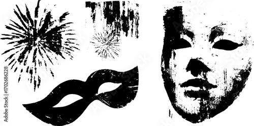 Black ink silhouettes of carnival masks and fireworks for celebration design