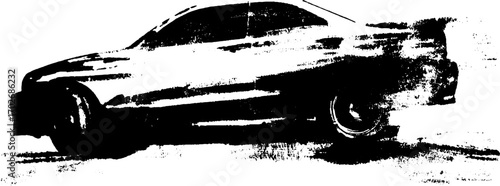 Black ink silhouette of car with engine draw concept and urban grunge style