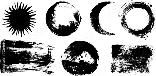 Abstract celestial ink silhouette set – sun, moon, and grunge circles for creative design