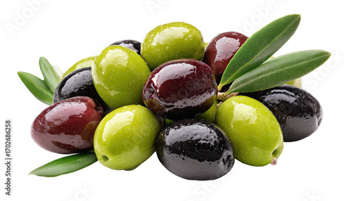 Cluster of green and black olives with leaves