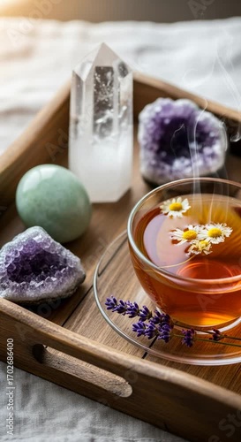 Tranquil Wellness Scene with Herbal Tea and Healing Crystals
