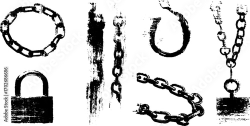 Grunge black ink silhouette of chain collection for design projects