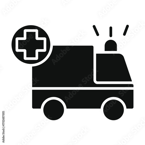 Silhouette image of ambulance vehicle with emergency siren icon