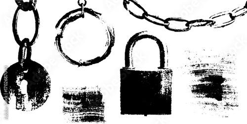 Black ink silhouette collection of chains and lock elements for design
