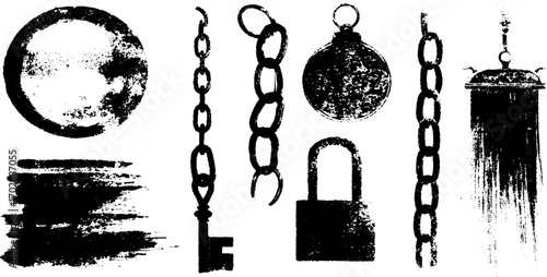 Grunge chain and lock silhouettes set with black ink stains for creative design