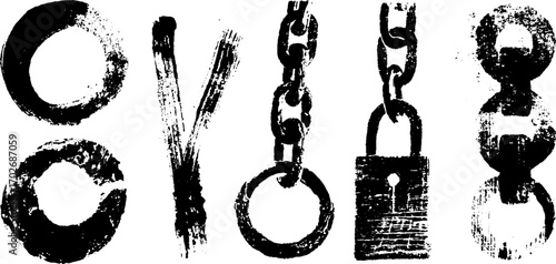 Grunge black ink silhouette set of broken chains and locks for design and decoration