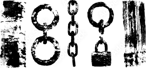 Black ink grunge silhouette of broken chains and locks for urban art design