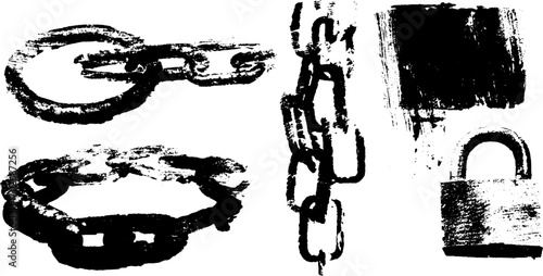 Grunge black ink silhouette of chains and padlock for urban art design