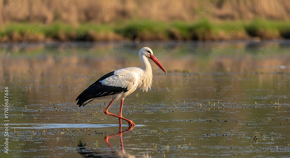 Fototapeta premium White Stork wading in shallow water.