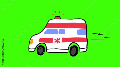 Looping cartoon animation of a hand-drawn ambulance car with flashing siren driving fast on a green screen background. Simple motion for medical-themed content. 4K, alpha channel.