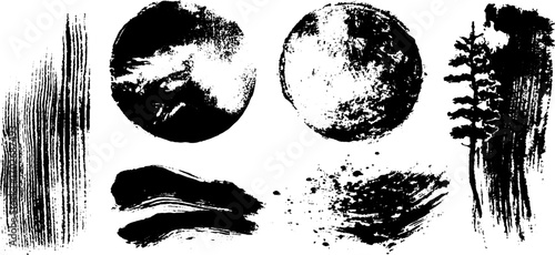 Dynamic black ink silhouette collection featuring chaotic abstract spots for creative design