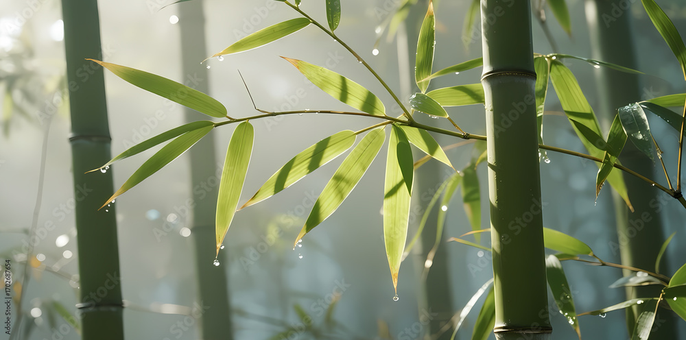 Obraz premium Sunlit Bamboo Grove with Dew-Drenched Leaves