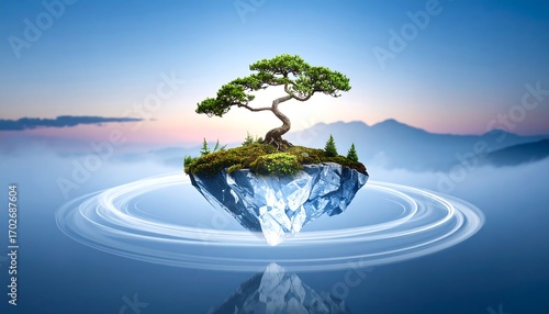 Floating Island with Bonsai Tree and Mountain Reflection
