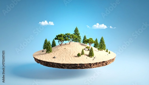 Floating Island with Sand and Trees Against Blue Sky Background