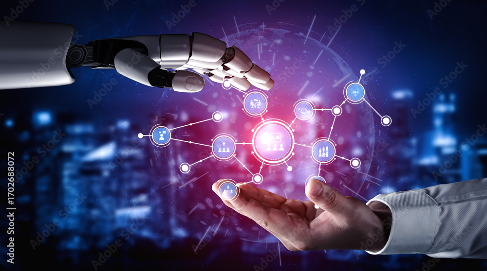 Fototapeta premium This image showcases a robotic hand reaching out to a human hand, symbolizing the convergence of technology and human interaction in a digital future. Tessel