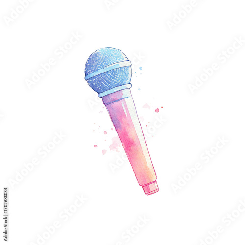 Watercolor microphone with artistic splashes in blue and pink, cut out