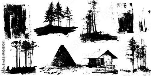 Black ink silhouette forest scenes with horror atmosphere for artistic design