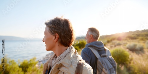 Woman and a man are walking on a path near a body of water