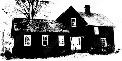 Haunted house black ink silhouette for halloween design and decoration