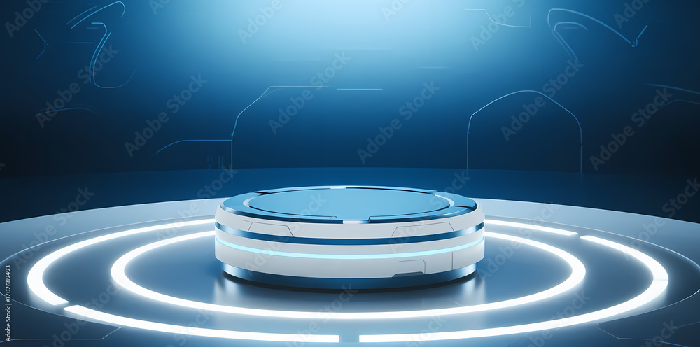 Obraz premium Futuristic Platform with Neon Lights in a Blue-Tinted Environment