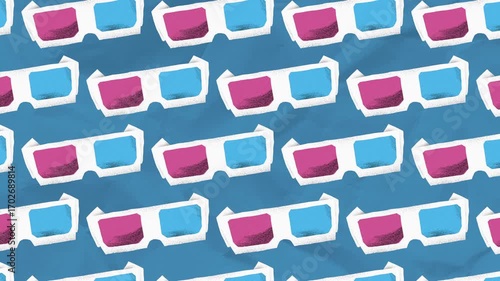 Stop-motion animation of vintage 3D glasses with red and blue lenses spinning slightly against a textured blue background. Fun, retro, and minimal. 4K
