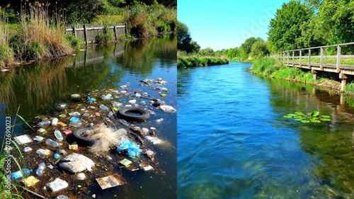 Contrast of clean river vs polluted stream, highlighting environmental pollution and conservation