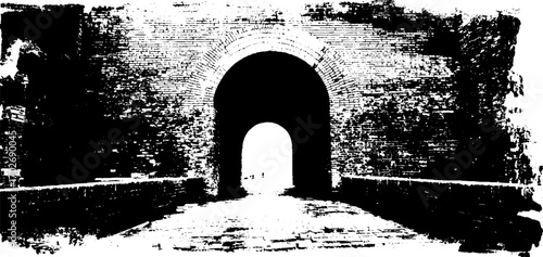 Noir alleyway silhouette with brick archway: grunge urban design for posters and prints